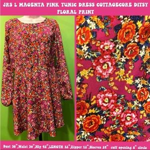 JRS L MAGENTA PINK TUNIC DRESS COTTAGECORE DITSY FLORAL(some minor seam stress)